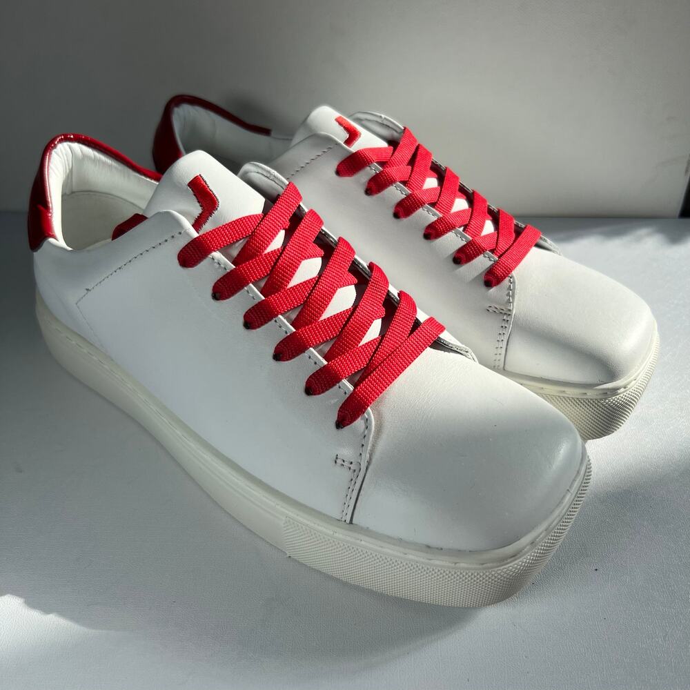 Joshua Sanders Square Toe Leather Sneakers White with Red Laces New Size 7.5